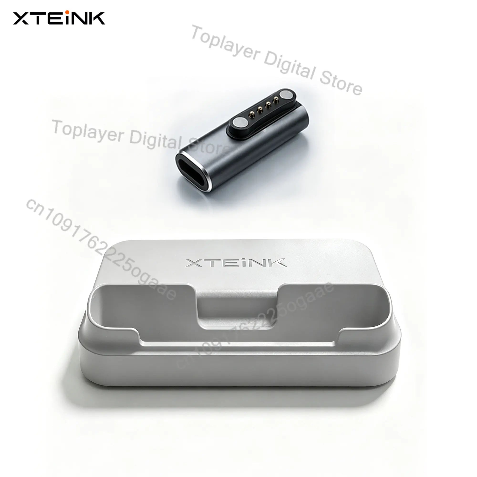 Silver xteink wireless charging stand with sleek minimalist design and matte finish serving as the official original magnetic charging dock for xteink x4 pro.