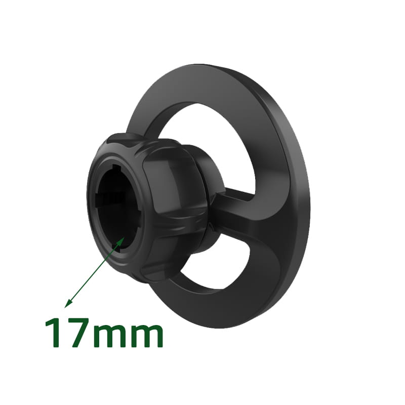 moyeu de roue en plastique noir avec un orifice fileté central et trois évidements radiaux du côté arrière de la base de support de voiture magnétique Magsafe à tête à rotule de 17 mm.