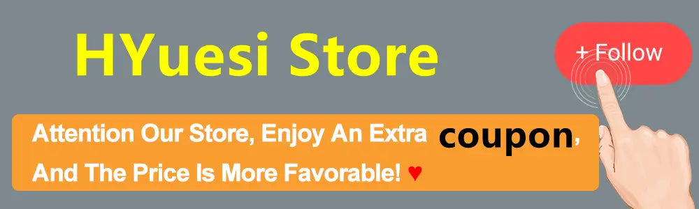 Yellow text on gray background displays hyuesi store with a red follow button and an orange banner promoting extra coupons and favorable prices for the interlocking cat couple keychain set.