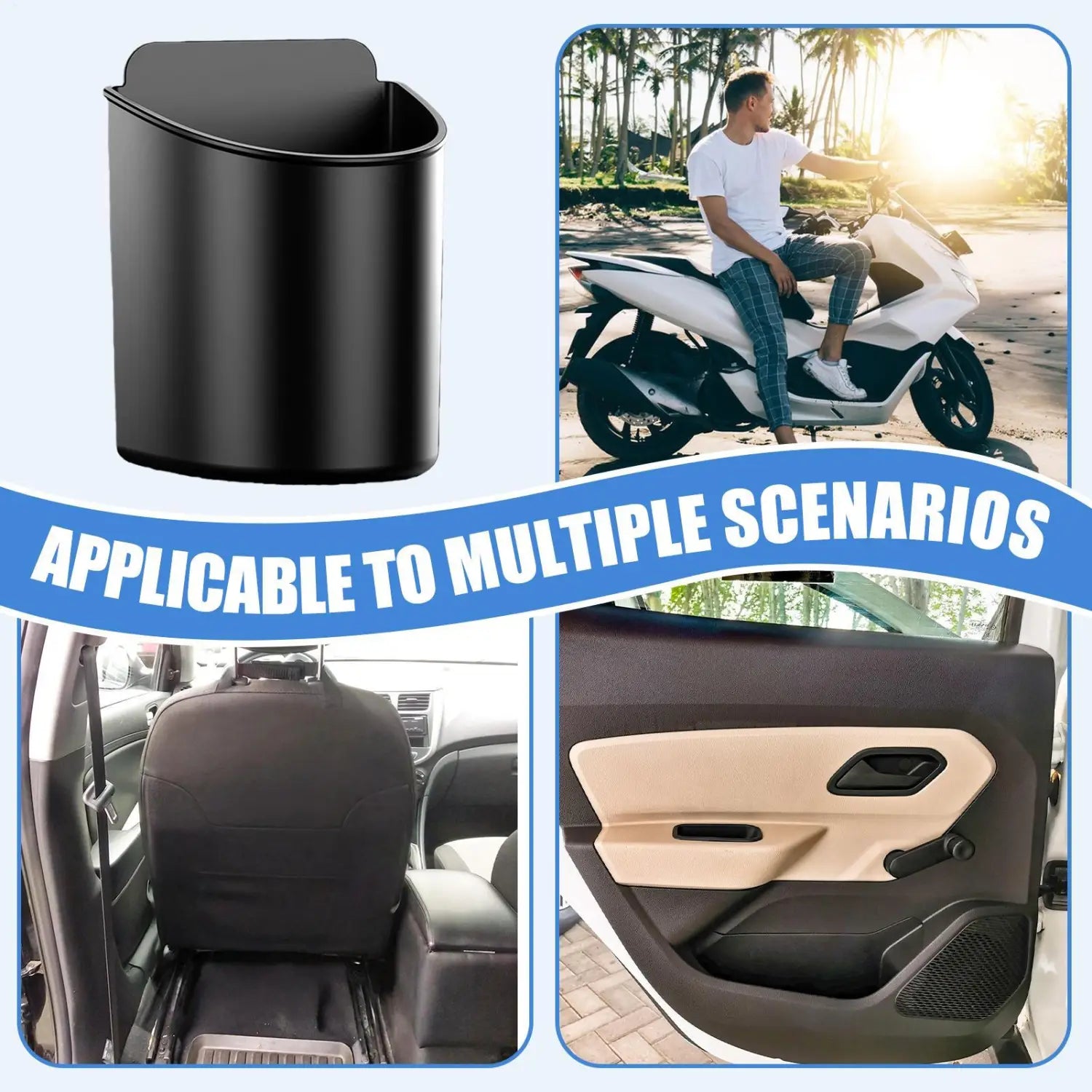 black sleek plastic car door cup holder with curved top and integrated lid designed for vehicle use