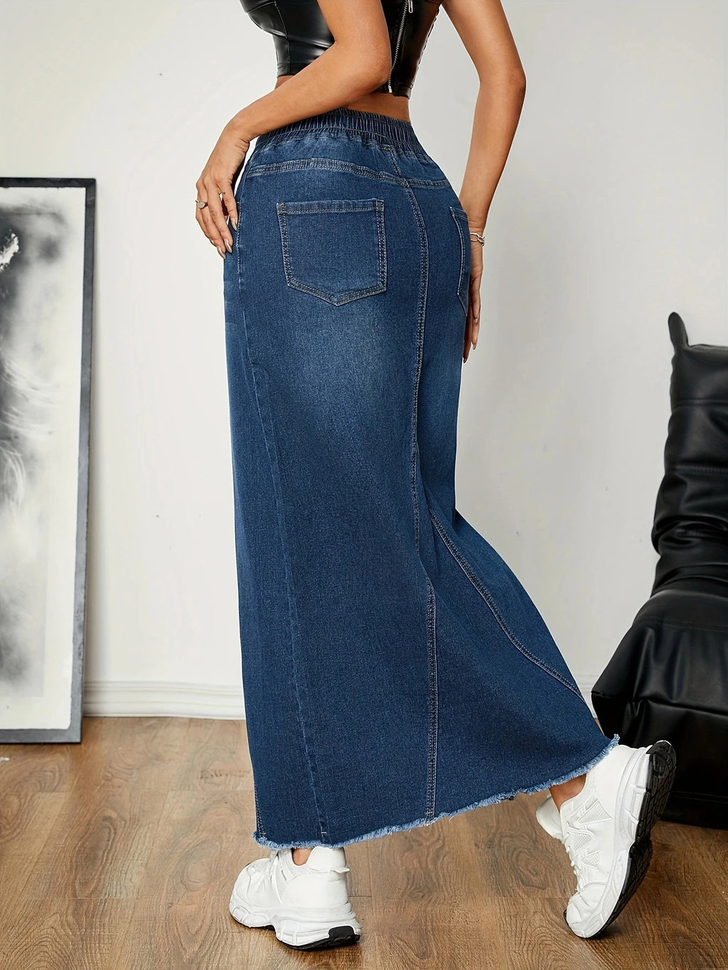 Women's Versatile Straight Leg Denim Skirt Casual Elastic Waistband Frayed Hem Stretchy Jeans Long Skirt
