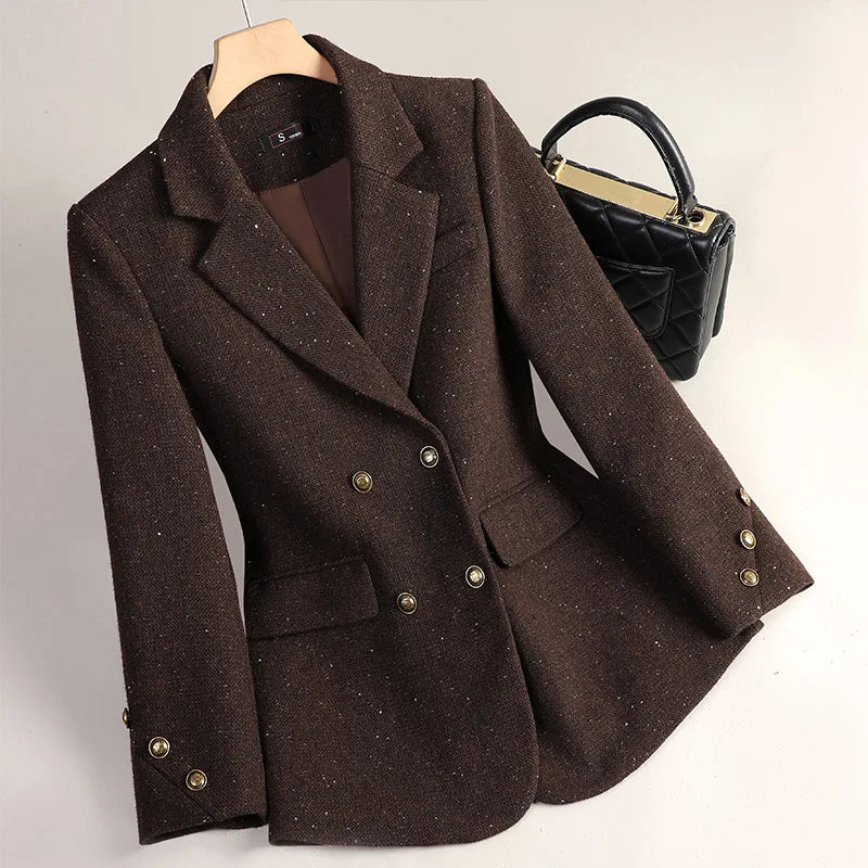 Women Wool Blazers Autumn Winter Jacket Coat New High-end Temperament Casual Suit Ladies Office Double Breasted Blazer Outerwear