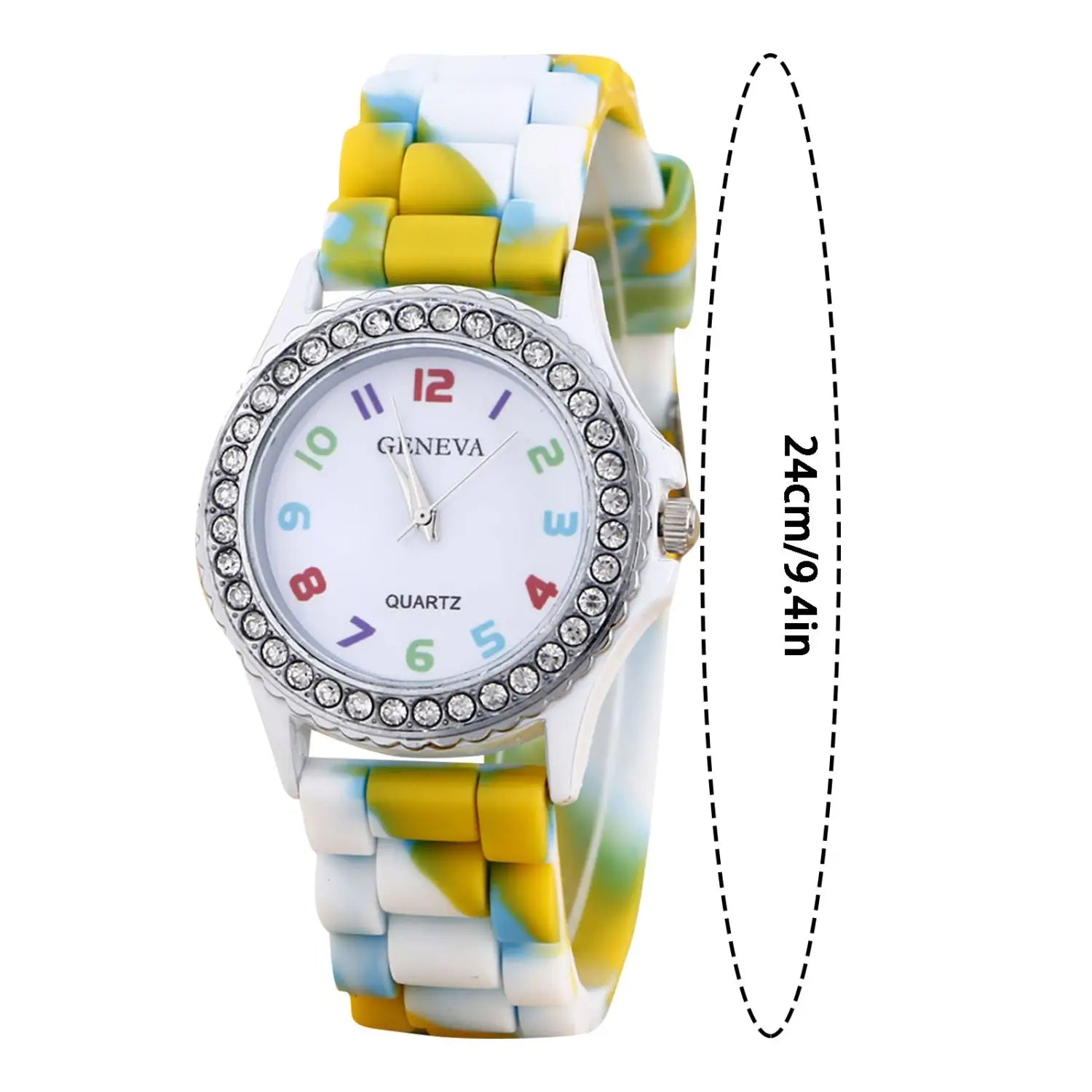 Girls crystal bling rainbow silicone watch with a colorful multicolored silicone band, white face, and crystal-encrusted bezel.
