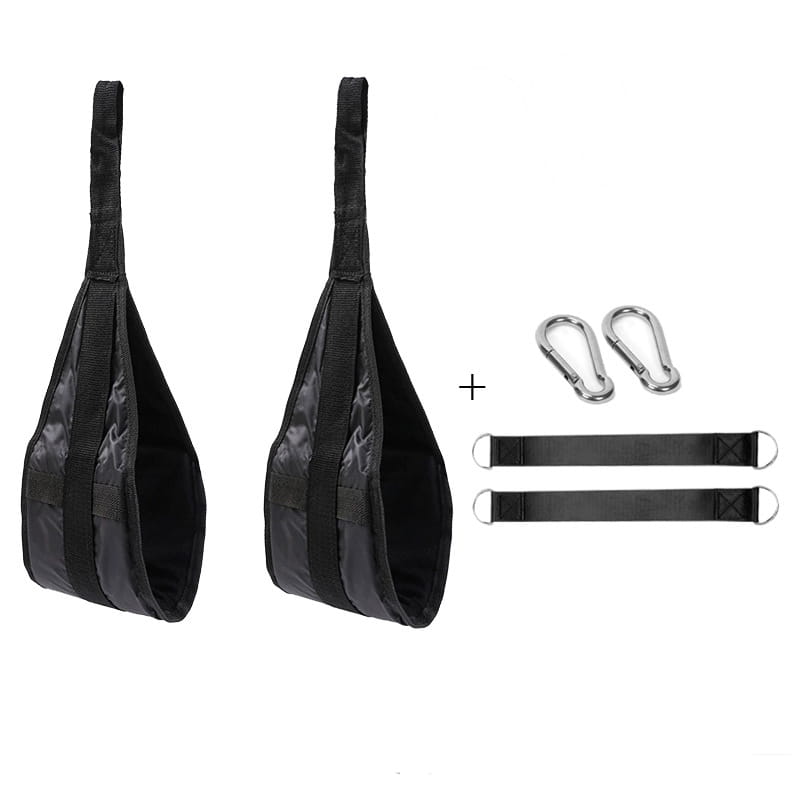 black fabric ab sling straps with reinforced stitching and metal carabiners for heavy duty hanging leg raise exercises