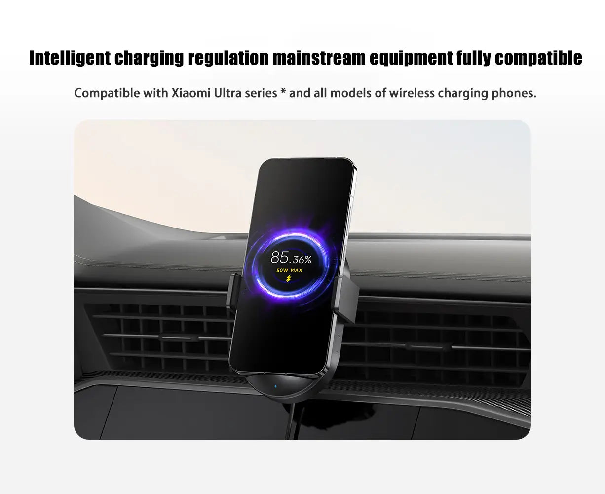 Cargador inalámbrico para automóvil Xiaomi de 50 W en color negro, de doble interfaz, con diseño moderno y estilizado e indicador luminoso de carga púrpura, que resalta una disipación de calor eficiente.