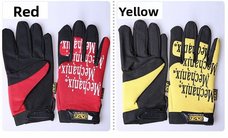 Herren-Fahrradhandschuhe mit vollständigen Fingern in Rot und Gelb mit schwarzen verstärkten Lederhandflächen und -fingern, mit kräftiger weißer Beschriftung auf der Handrückseite.