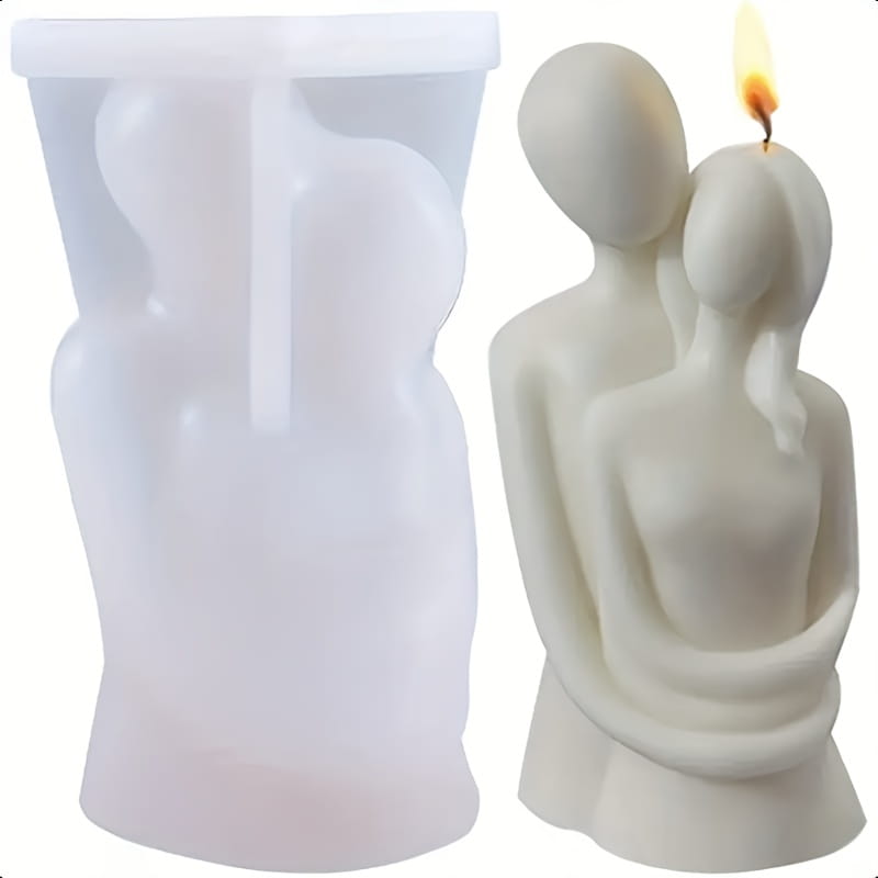 Moule en silicone blanc pour une bougie en forme de deux figures enlacées, pour un moule à bougie en silicone 3D où le couple s’embrasse.
