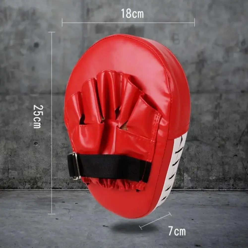 boxing punch pad focus mitt target fitness gear in red with black strap and white accents designed for boxing training.