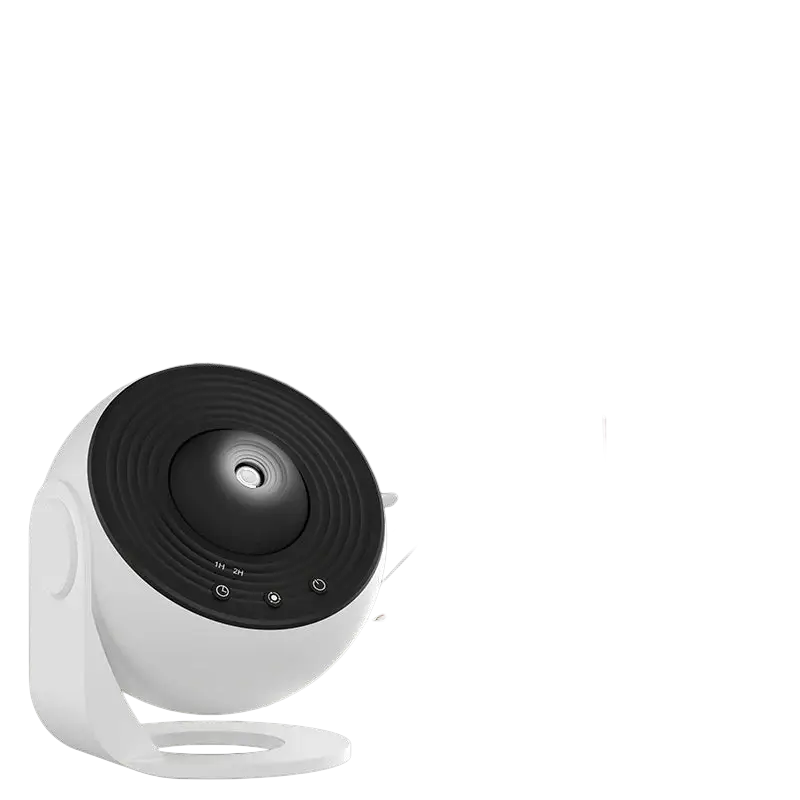 White and black circular galaxy projector night light showing starry sky projection feature from front angle
