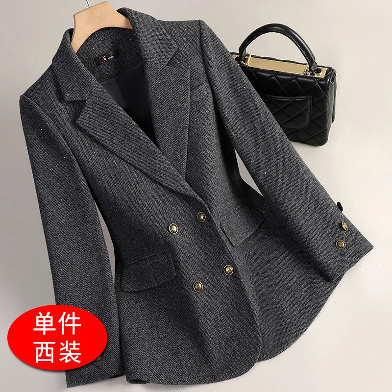 Women Wool Blazers Autumn Winter Jacket Coat New High-end Temperament Casual Suit Ladies Office Double Breasted Blazer Outerwear