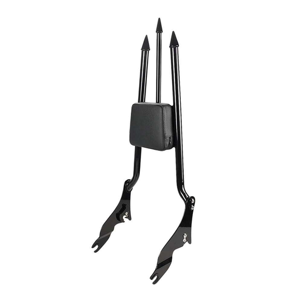 Black metal detachable passenger backrest with three pointed uprights and padded leather seat cushion shown from the back side for Harley Touring 2009-2025