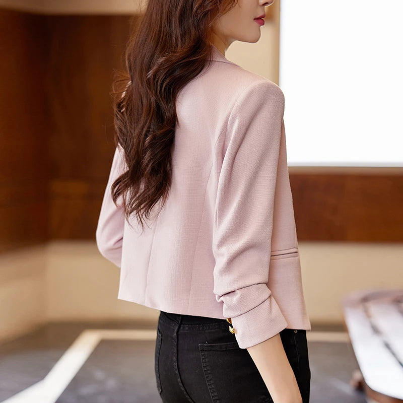 Women Double‑Breasted Short Blazer Jacket Long Sleeve Gold Buttons Slim Cropped Suit Coat Ladies Office Business Casual Black Ou