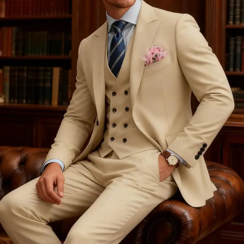 Costume trois pièces beige pour hommes en coupe croisée double boutonnage avec gilet et pantalon assortis, présentant des boutons foncés et un mouchoir de poche à motif floral.