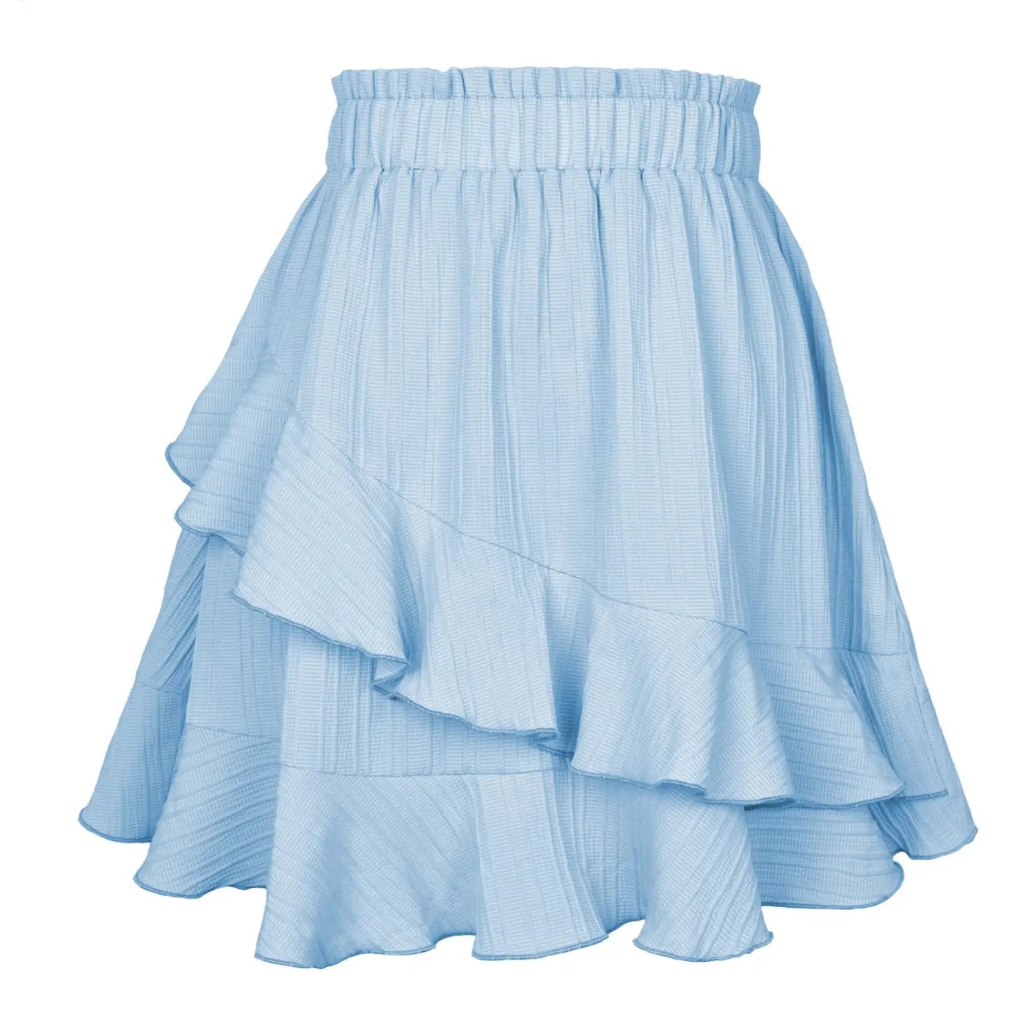 A light blue high waist ruffle mini skirt with a gathered waistband and tiered textured fabric layers.