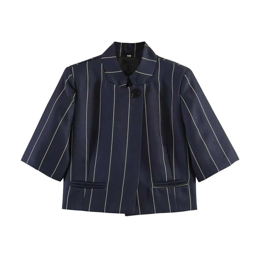 Women's Suit Set with Lapel, Short Sleeve, Linen Blend, Striped, Short Blazer, Straight-Leg Pants, Elegant Office Casual Fashion