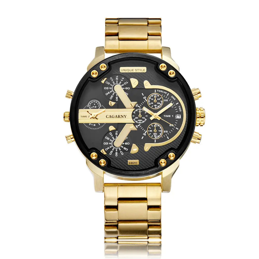 Goldfarbene Edelstahl-Dual-Time-Luxus-Uhr aus Stahl mit Quarzwerk für Herren mit schwarzem Zifferblatt, mehreren Unterzifferblättern sowie goldfarbenen Zeigern und Markierungen.