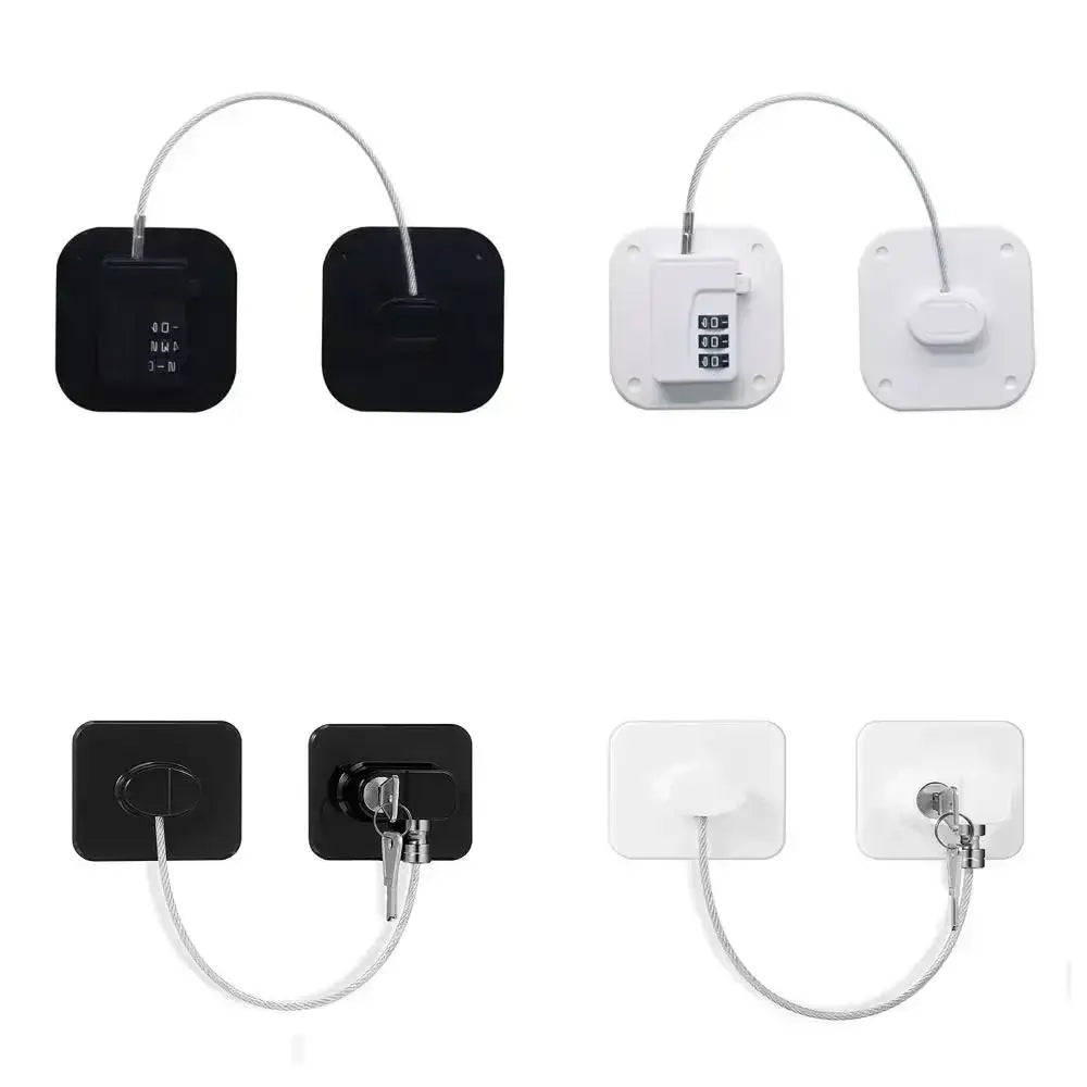 black and white wall-mounted child safety refrigerator and cabinet lock straps with combination dials and key mechanisms for secure child protection.