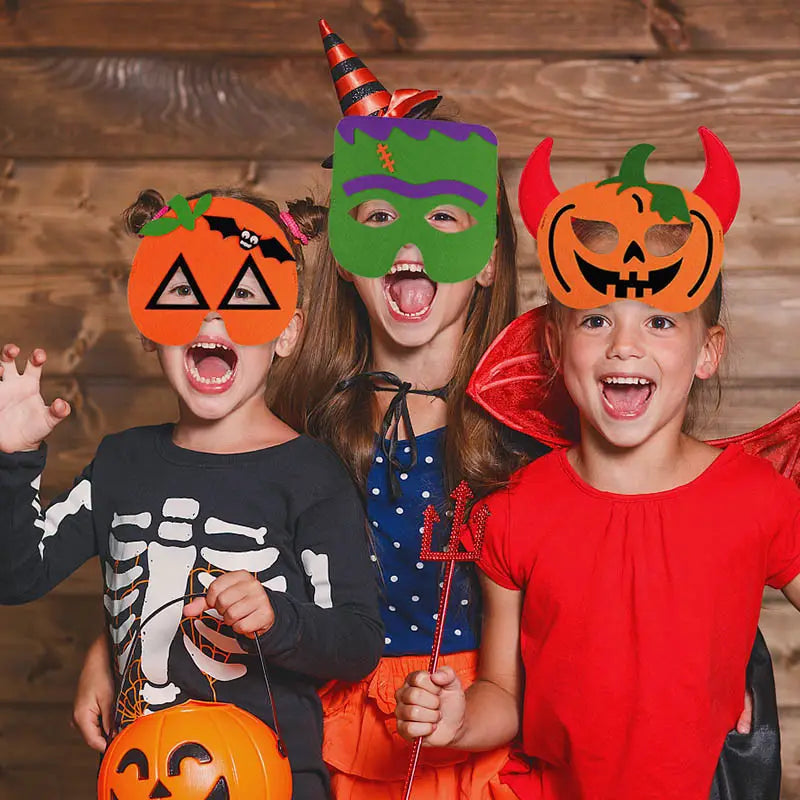 orange halloween pumpkin ghost diy mask made of paper or cardboard with black triangular eyes and a smiling mouth for felt party costume use