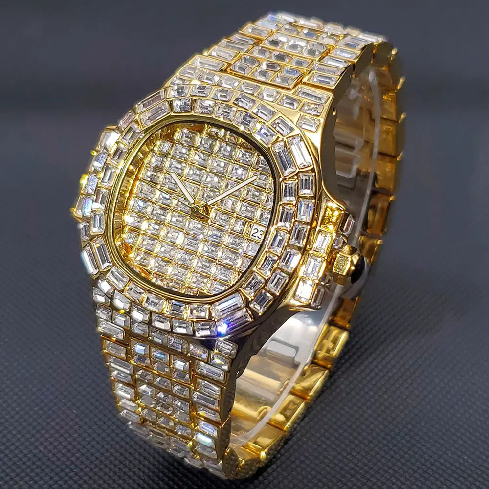 Gold-tone iced out diamond quartz watch for men with a square face and band encrusted in baguette-cut clear crystals on silver stainless steel.