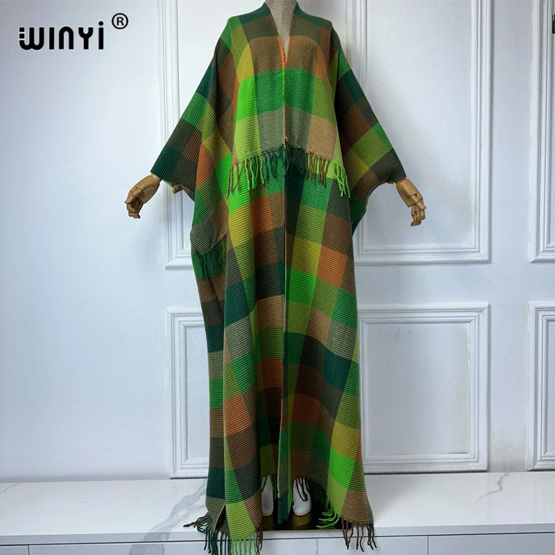 WINYI winter african dresses for woman Plaid print Pleated long down Cardigan kaftan autumn tassels kimono abaya evening dress