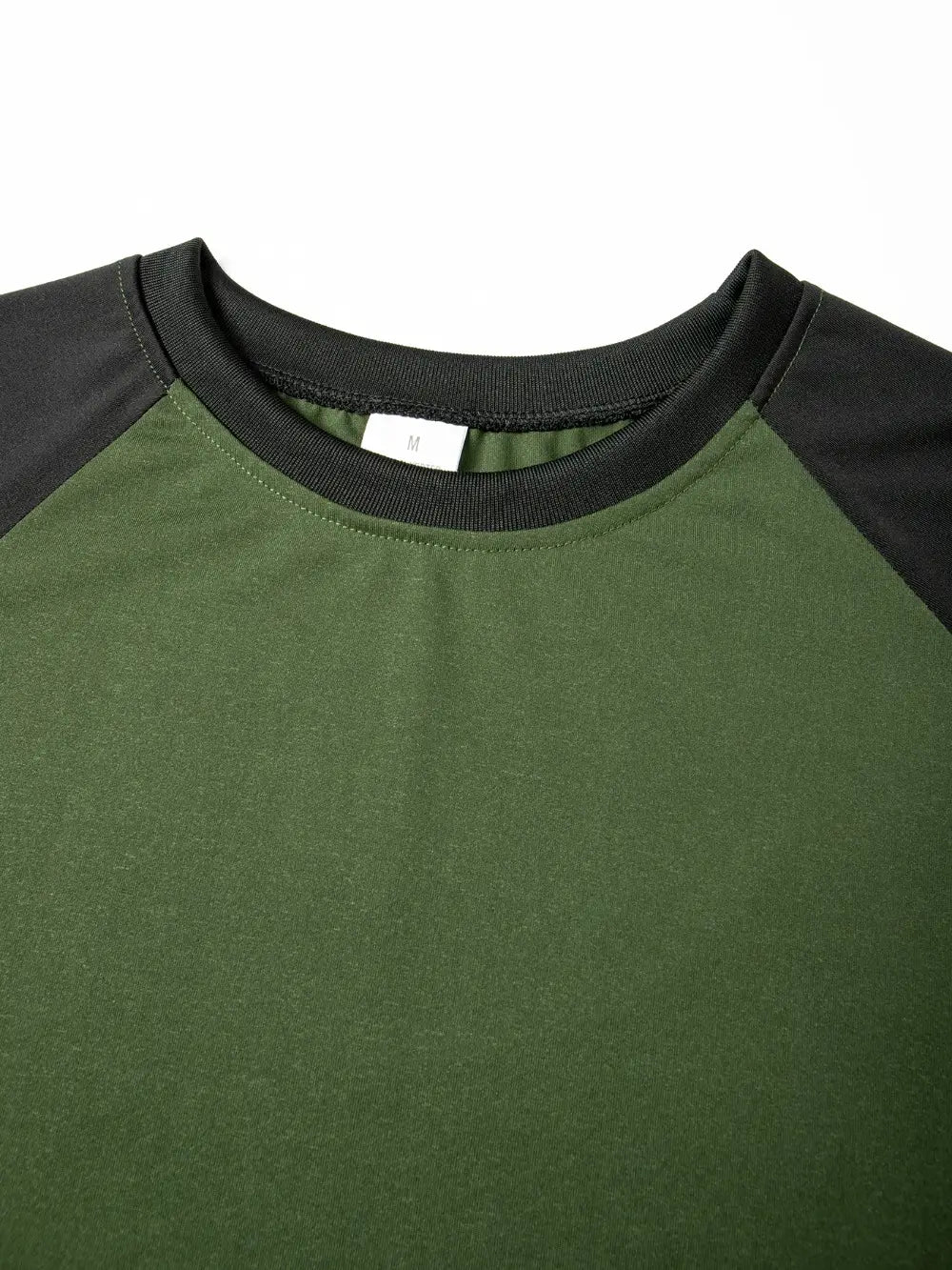 Mens raglan long sleeve casual t-shirt featuring olive green and black sleeves with a ribbed crew neck for comfortable everyday wear