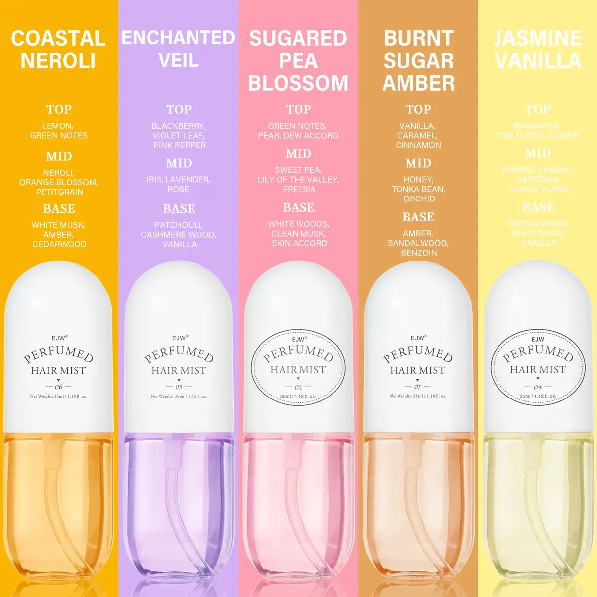 five ejw perfumed hair mist bottles with white caps and clear glass bodies displaying distinct colored fragrances including coastal neroli yellow enchanted veil purple and sugared pea blossom pink for refreshing hair care.