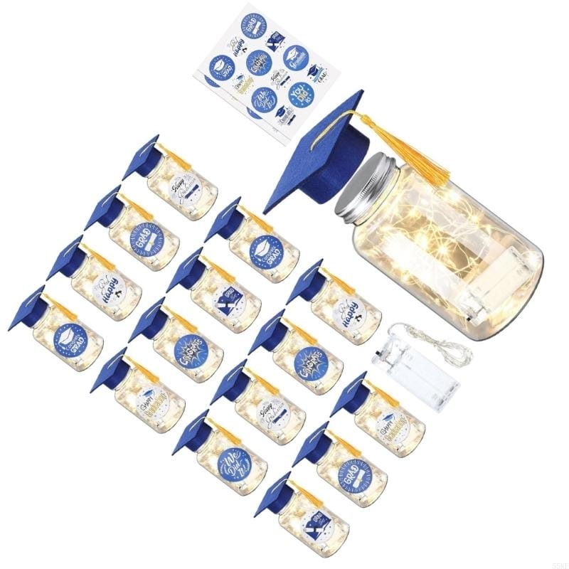 blue graduation cap with gold tassel displayed as part of a graduation memory jar with led light set for commemorating graduation events