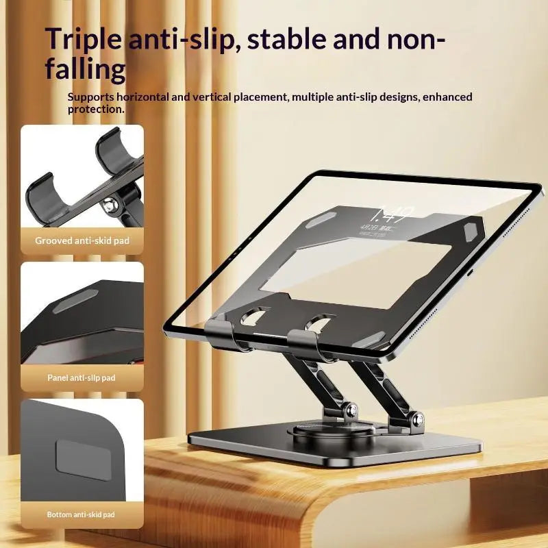 Black aluminum alloy tablet phone stand with 360 rotatable design and triple anti-slip features for stable vertical and horizontal placement.