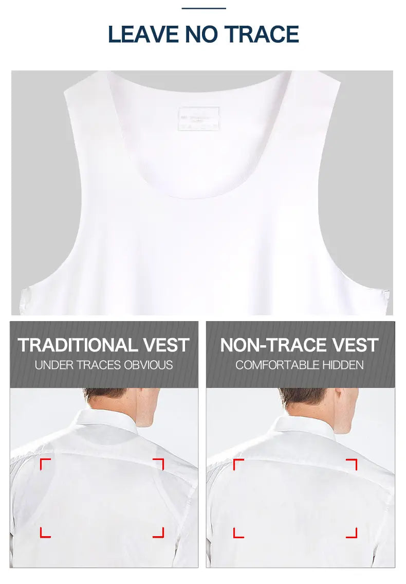 Débardeur sans manches blanc en soie de glace, sans coutures, pour hommes, au design minimaliste épuré et aux détails de surpiqûres discrets.