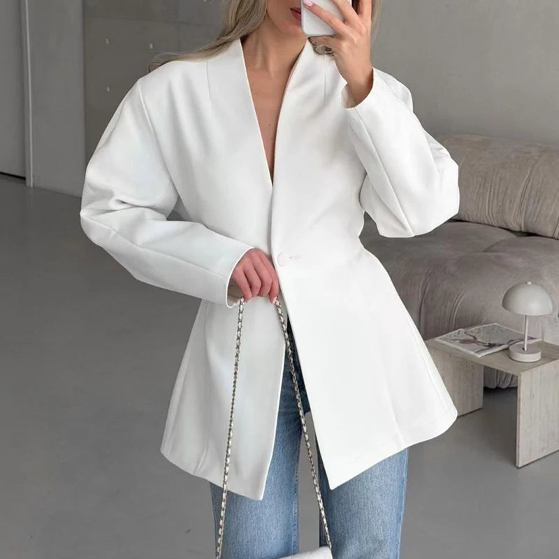 Elegant Black Women's Party Coat for Fall Winter French Style Simple V-neck Commute Jacket Temperament Long Sleeve Fit Outerwear