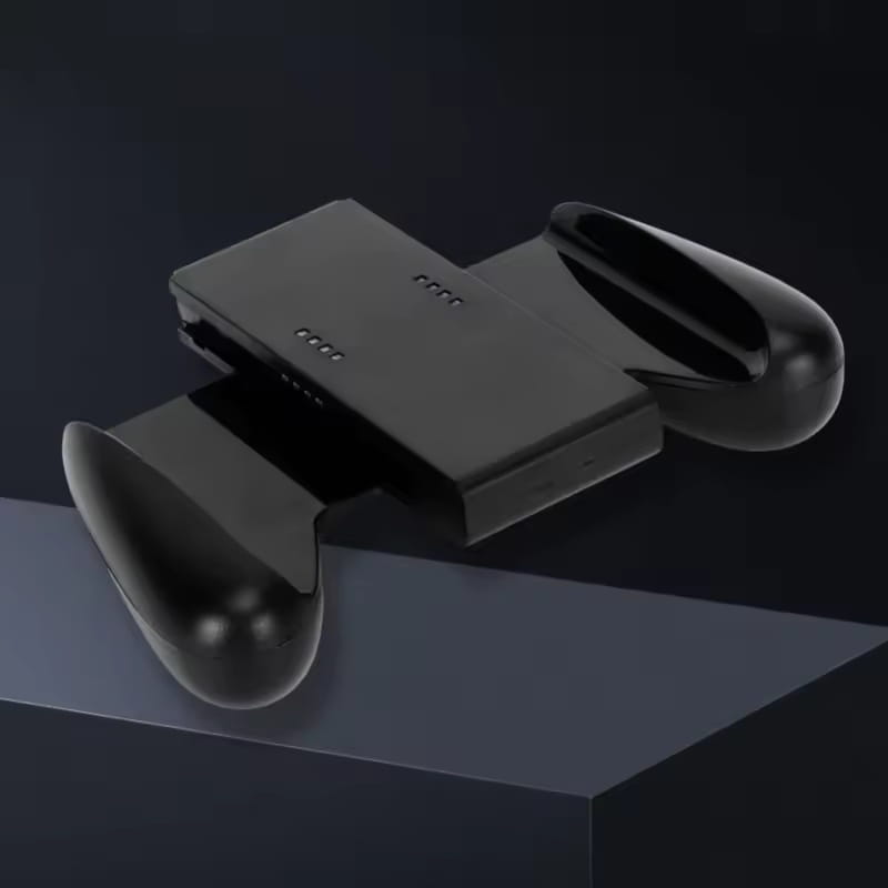 Schwarzer kabelloser Nintendo-Switch-Gaming-Controller mit ergonomischer glänzender Oberfläche und integrierter Ladestation, dargestellt zusammen mit Greifhalter- und Handgelenkriemen-Set.