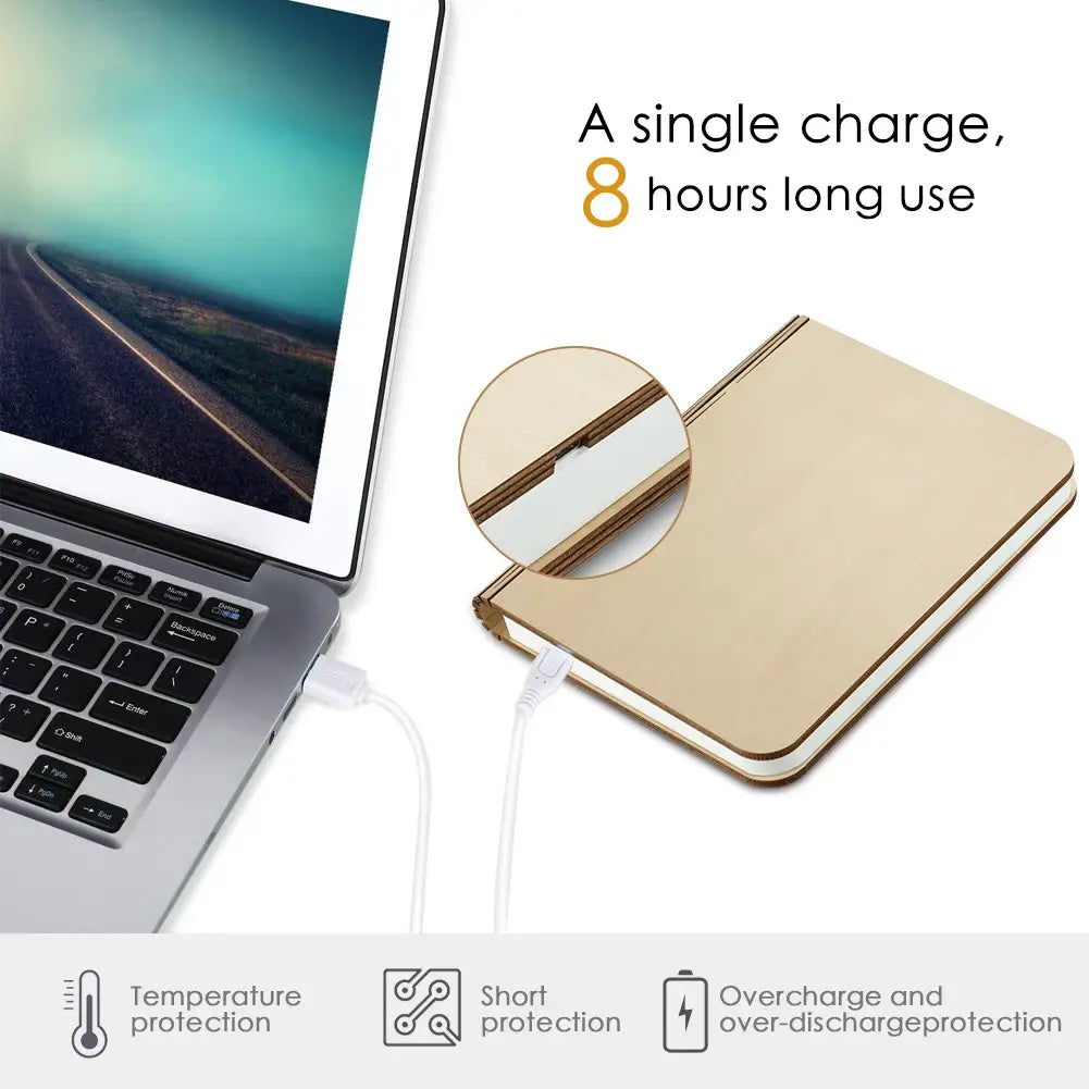 Banco de energía portátil rectangular elegante color dorado con puerto de carga visible para lámpara de mesa recargable con luz LED plegable con forma de libro.