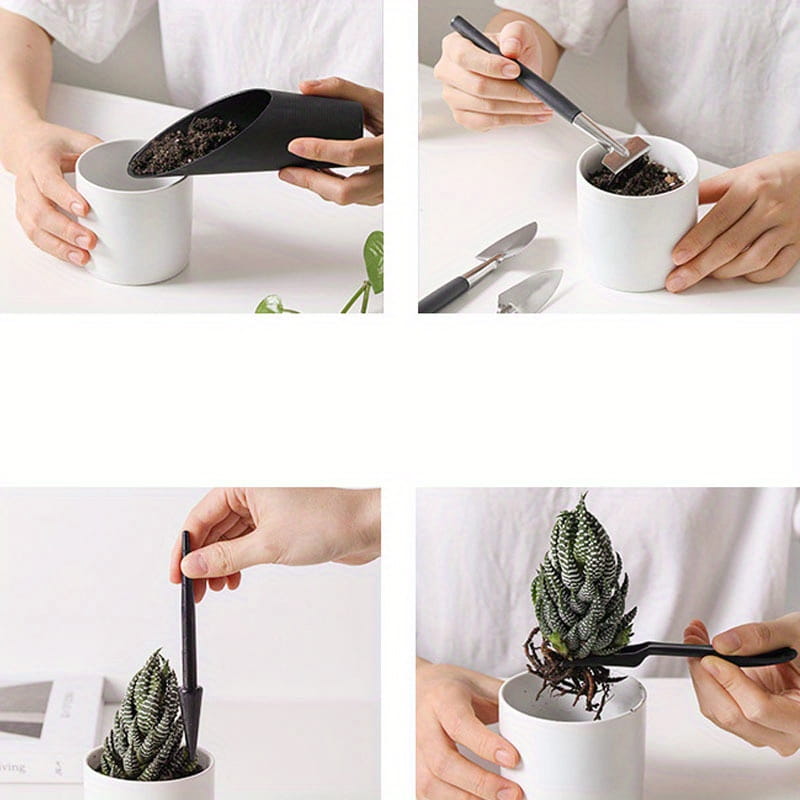 kit de plantación para suculentas de plástico negro con paleta y tenedor integrados, procedente del juego de herramientas de jardín ergonómicas negras de 13 piezas, diseñado para tareas de jardinería precisas.