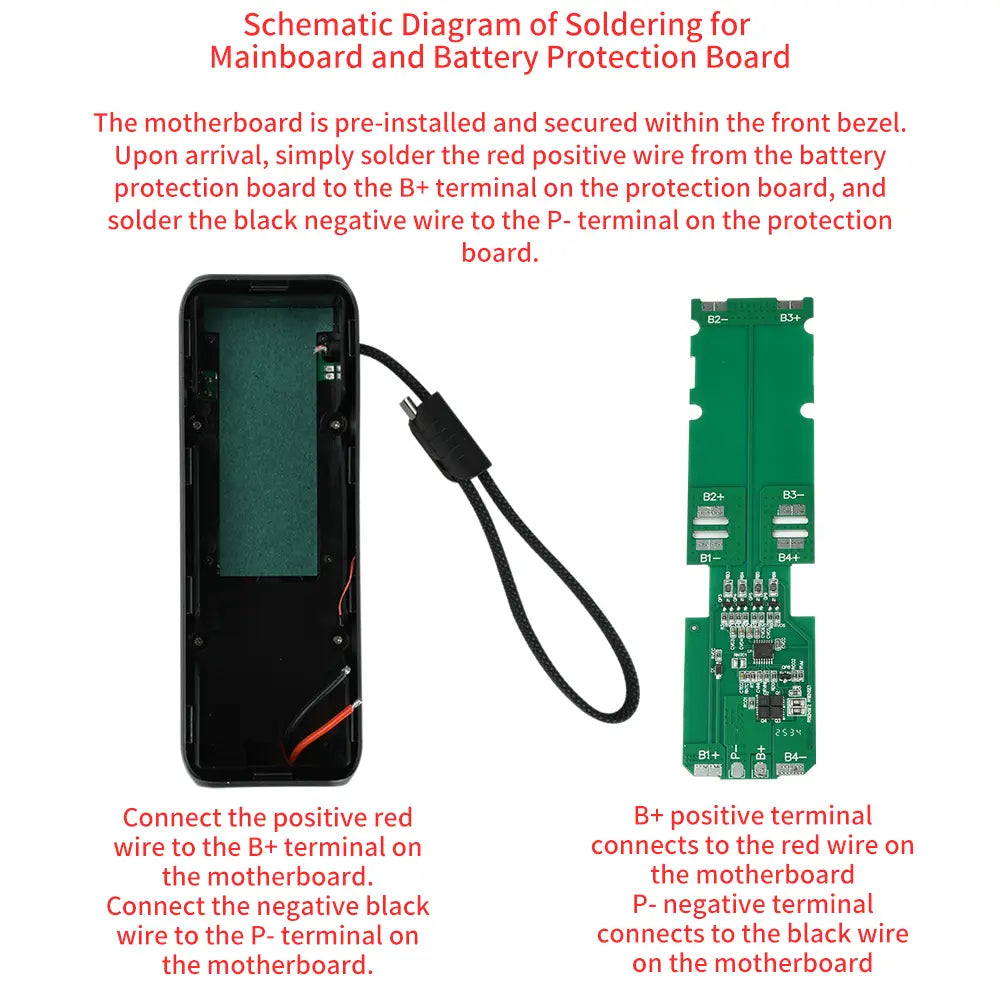 Schwarze rechteckige Batterieschutzplatine mit grünem Leiterbahnverlauf und beschrifteten Anschlüssen sowie einem schwarzen Handgelenkriemen für sicheres Handling im PD-100-W-Schnelllade-Powerbank-DIY-Bausatz.