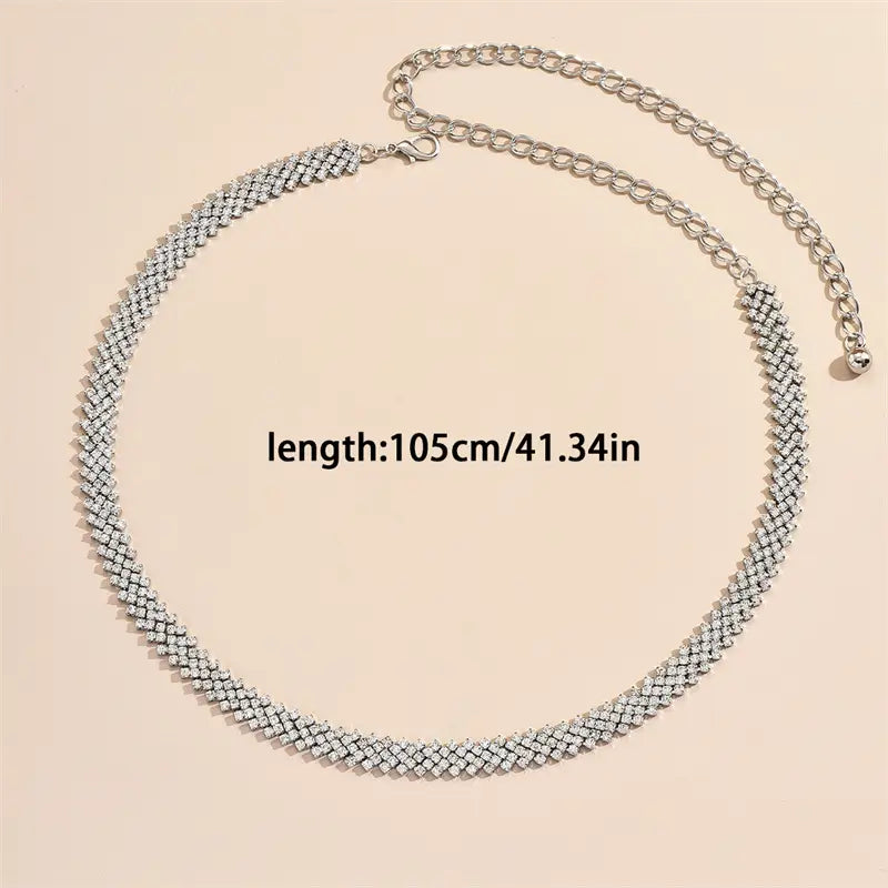 Silver chain choker necklace with a woven design of sparkling rhinestones and a detachable link extension, featured as an adjustable metal waist accessory rhinestone chain belt for women.