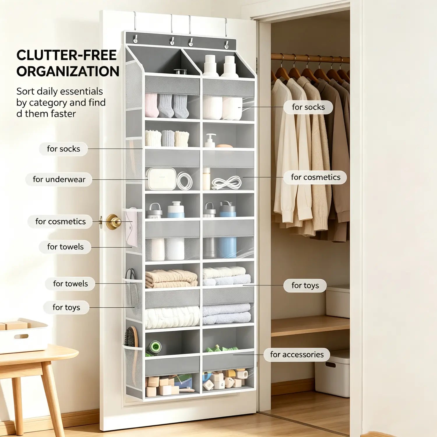 Organisateur suspendu de porte gris à grille de 10, fabriqué en tissu, avec plusieurs compartiments pour le rangement de chaussettes, sous-vêtements, cosmétiques, serviettes, jouets et accessoires