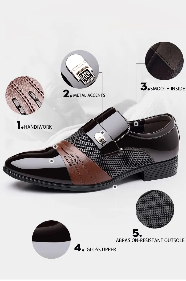 Zapatos de vestir de punta afilada de lujo para hombre con parte superior negra y marrón brillante, paneles de malla, acentos metálicos y detalles cosidos a mano.