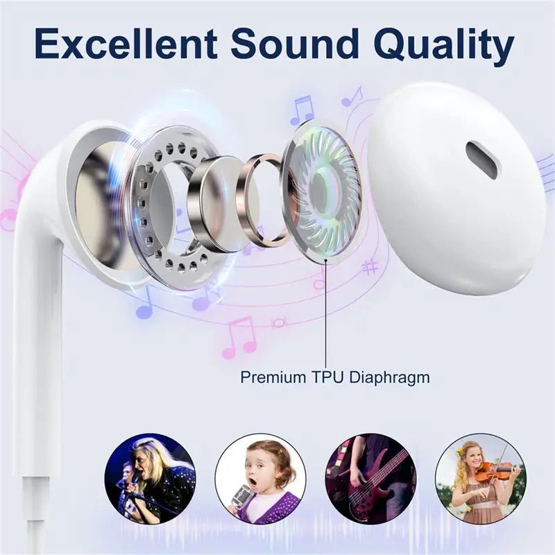 Auriculares blancos con cable para inserción en el oído, con micrófono, que presentan un diseño minimalista y elegante y una sección transversal expuesta de la unidad de altavoz que indica una calidad de sonido excelente.
