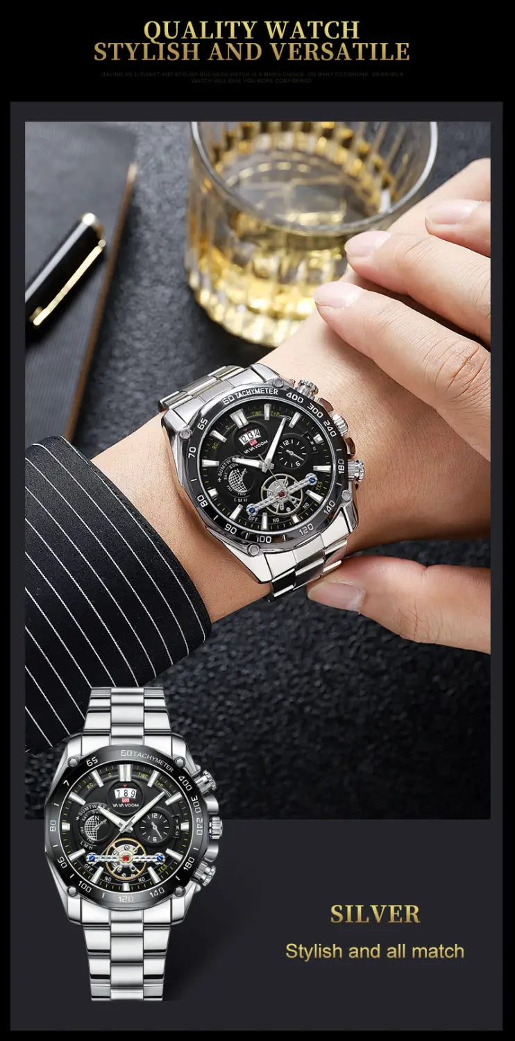 Va va voom Herrenuhr aus luxuriösem Edelstahl mit silberfarbenem Ton, schwarzem Zifferblatt, freiliegenden Zahnrädern und mehreren Hilfszifferblättern.