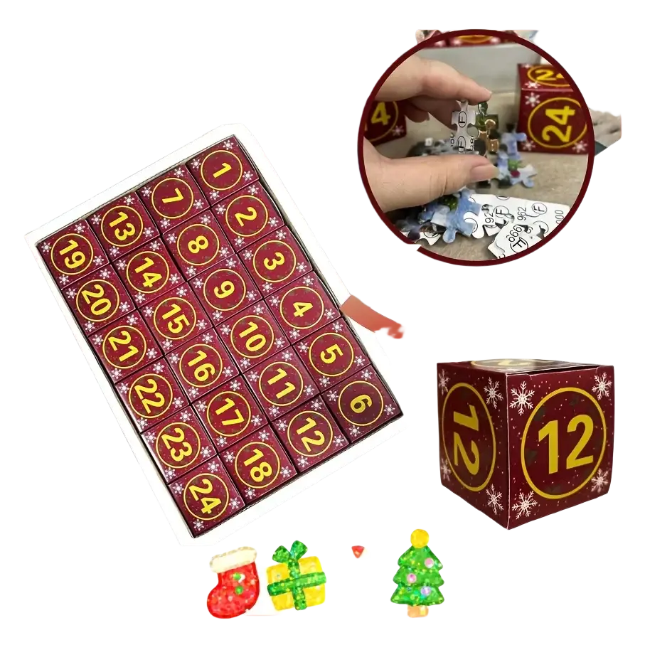 Red and gold Christmas advent calendar with snowflake designs on numbered compartments front view for festive countdown