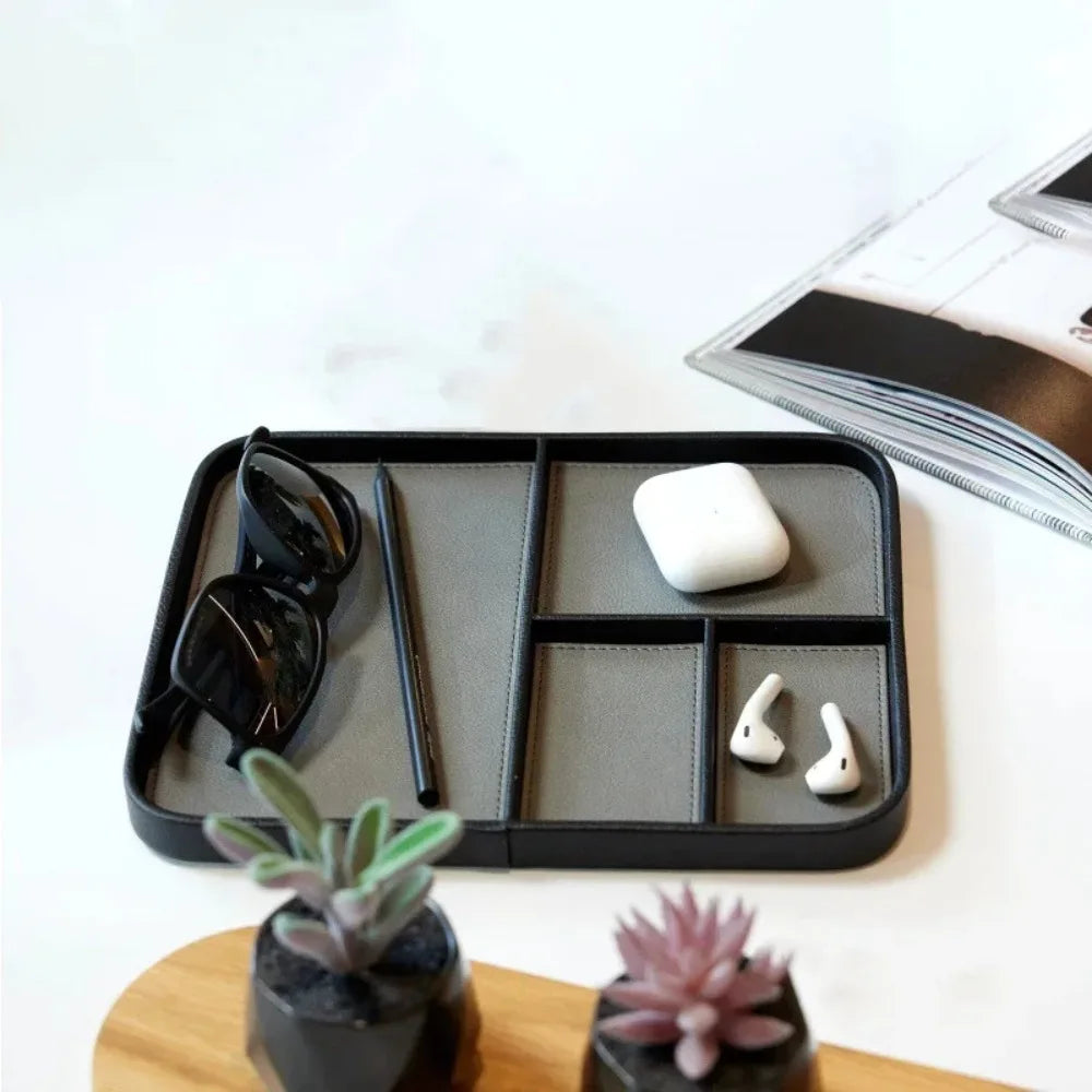 Leather Storage Tray, Desktop Bedside Organizer Tray for Phone Watch Keys Jewelry, Minimalist European Style Home Office Decor