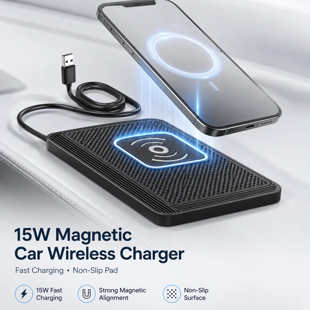 15W Fast Car Wireless Charging Pad Anti Slip Phone Charger Mat For Vehicles Universal Fit Case Friendly Safety Protection