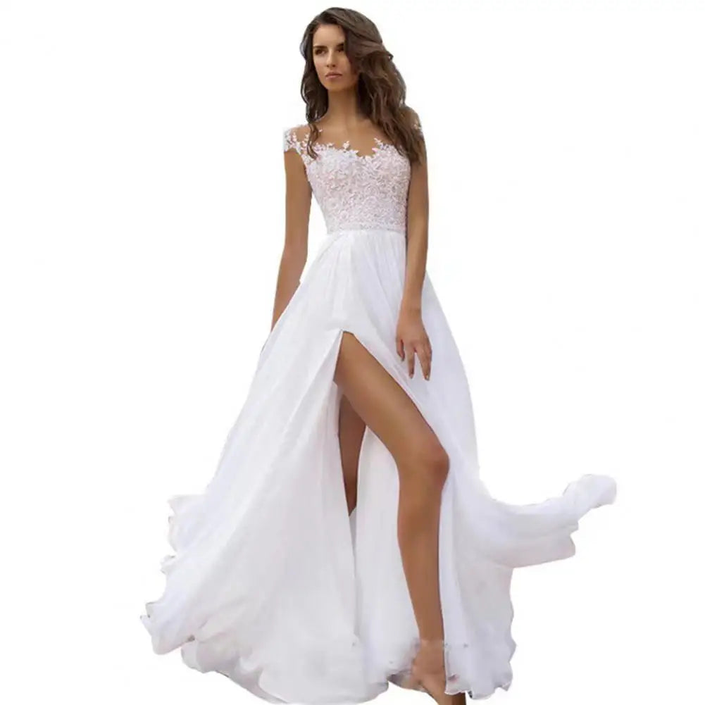 White Bridesmaid Dress Boho A-line Wedding Dress for Bride Lace V-neck Evening Gown with Chiffon Slit for Bridesmaid for Women