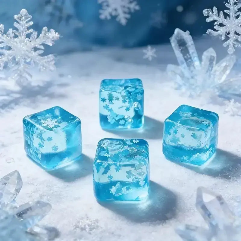 cube sphérique translucide bleu à faible rebond, visqueux et lent, avec des motifs de flocons de neige blancs intégrés, vu de face