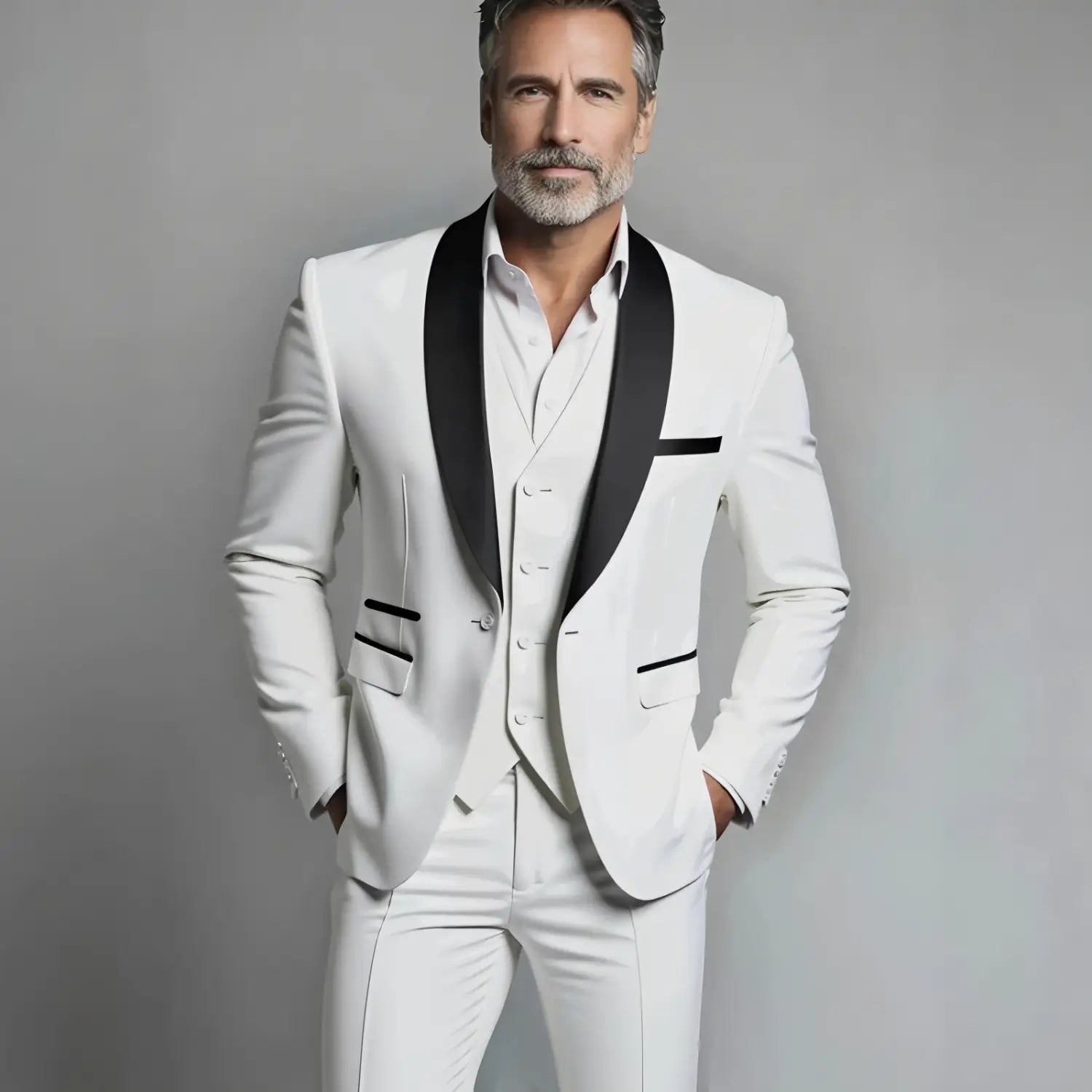 Herren schwarzer Slim-Fit-Einreiher-Smokinganzug mit einer markant taillierten Smokingjacke in Weiß, kontrastierenden schwarzen Satin-Revers und Besatz, passender Weste und Hose sowie einer Verschlussart für einen eleganten, schlanken Sitz.