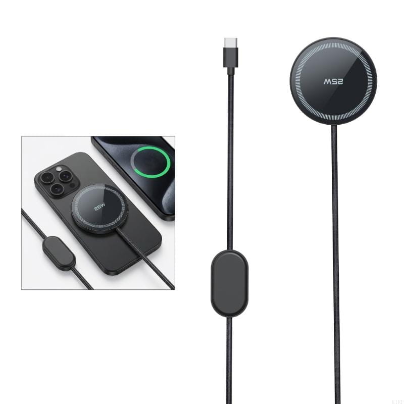 Black circular magnetic wireless charger with a sleek glossy finish and subtle white led ring accents designed as a 25w fast wireless charging pad for phones.