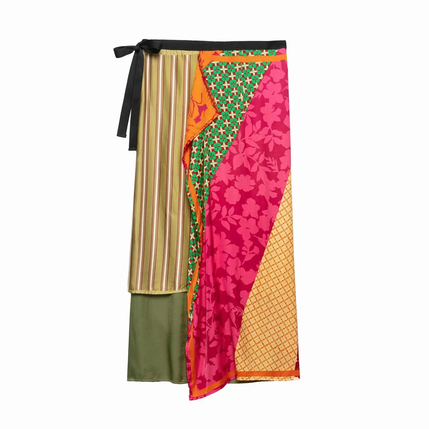 A vibrant floral print two piece midi skirt set featuring a patchwork wrap skirt with bold stripes, floral prints, and geometric patterns in pink, green, orange, and olive tones.