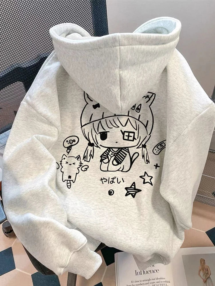Cartoon Kawaii Hoodies Women Thick Warm Long Sleeve Loose Cute Sweatshirts Fall Winter Preppy Style Pockets Harajuku Female Tops