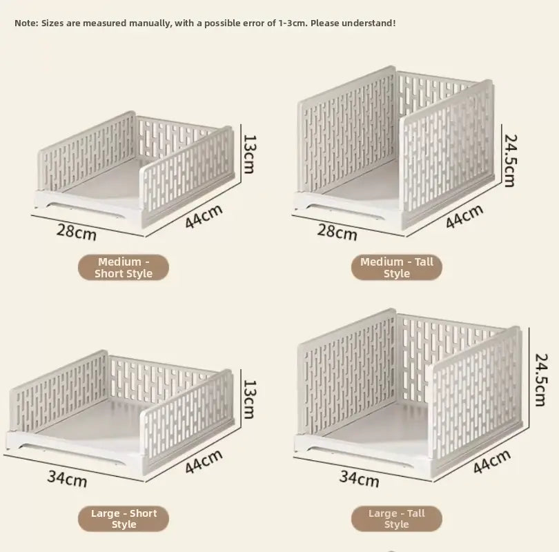 bacs de rangement de tiroirs d’armoire empilables en plastique blanc, avec un design en treillis tressé et des côtés rabattables pour un rangement pliable et des ensembles de tiroirs d’armoire