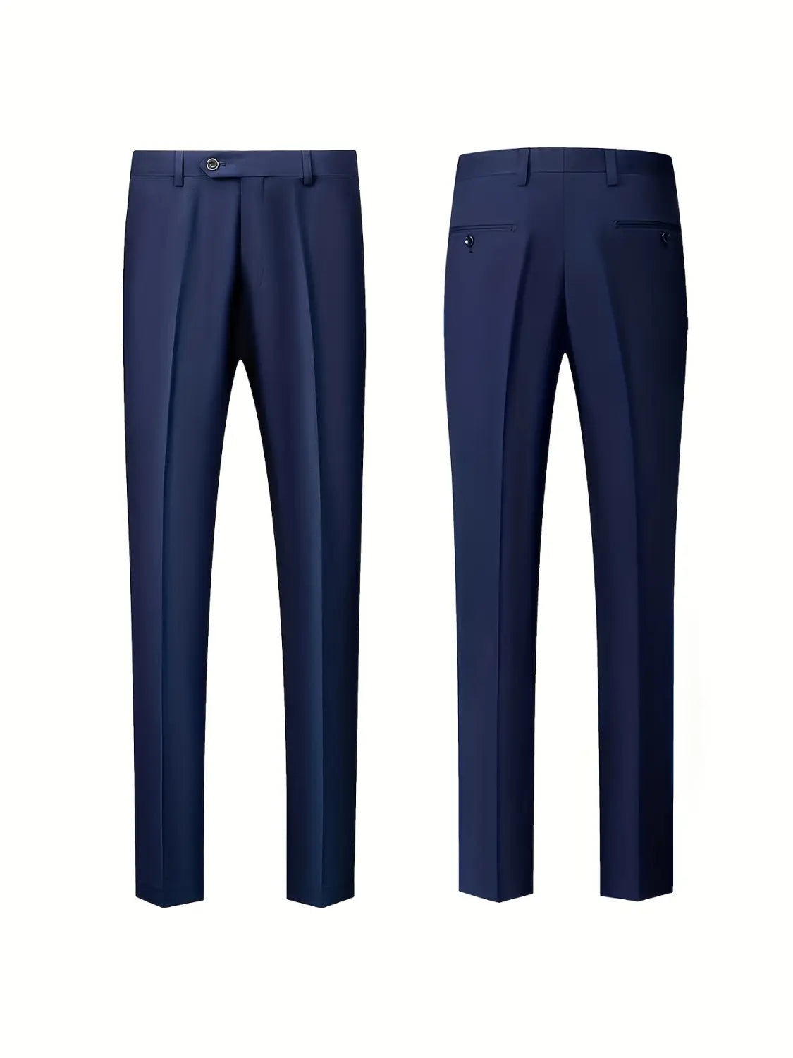 Pantalon de smoking bleu marine, coupe ajustée slim fit, coupe moderne épurée, pinces discrètes, et type de fermeture simple pour un smoking homme.